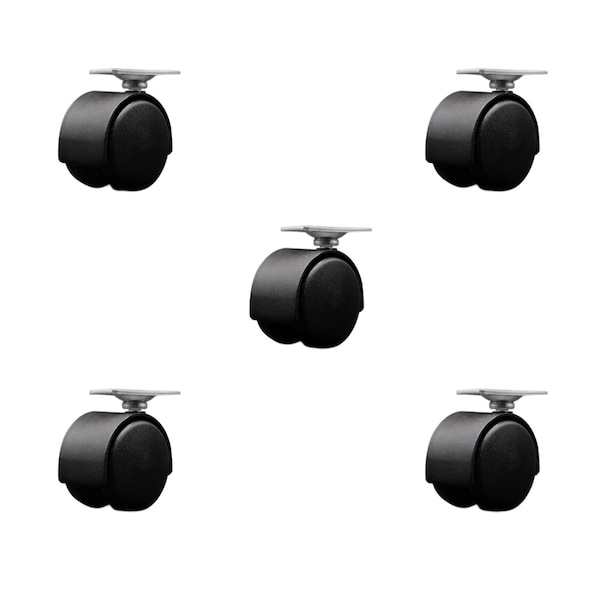 2'' Black Metal Hooded Twin Wheel Caster Nylon Wheels Top Plate, 5PK